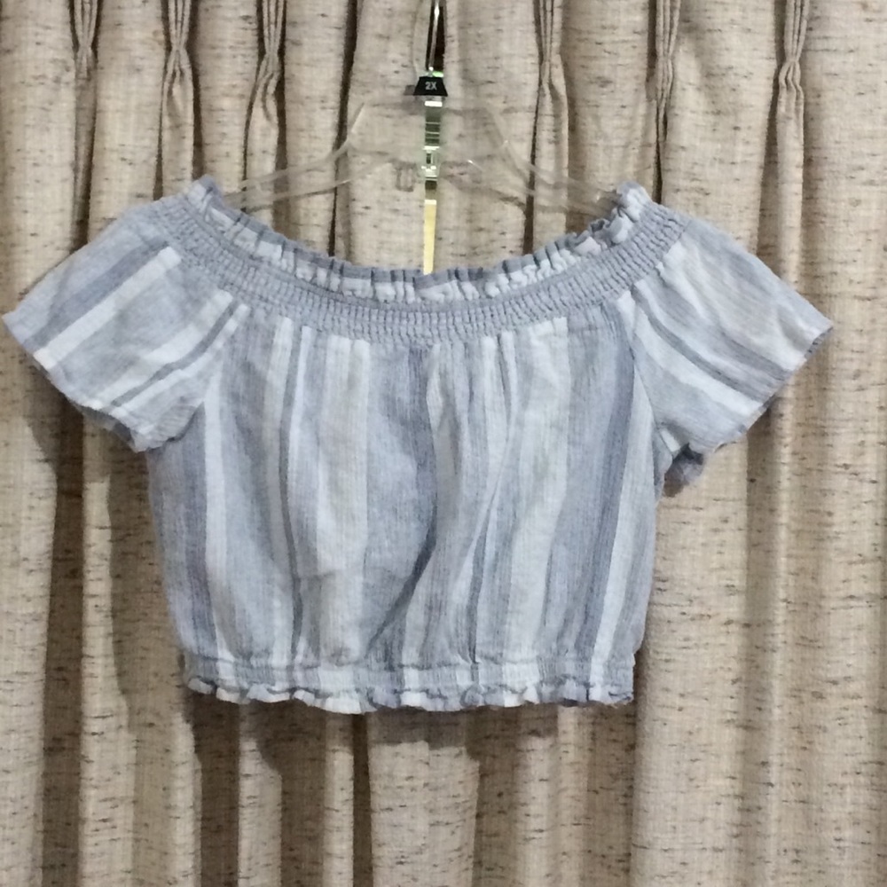 ASTR The Label Carson Off-The-Shoulder Sky Blue Striped Top